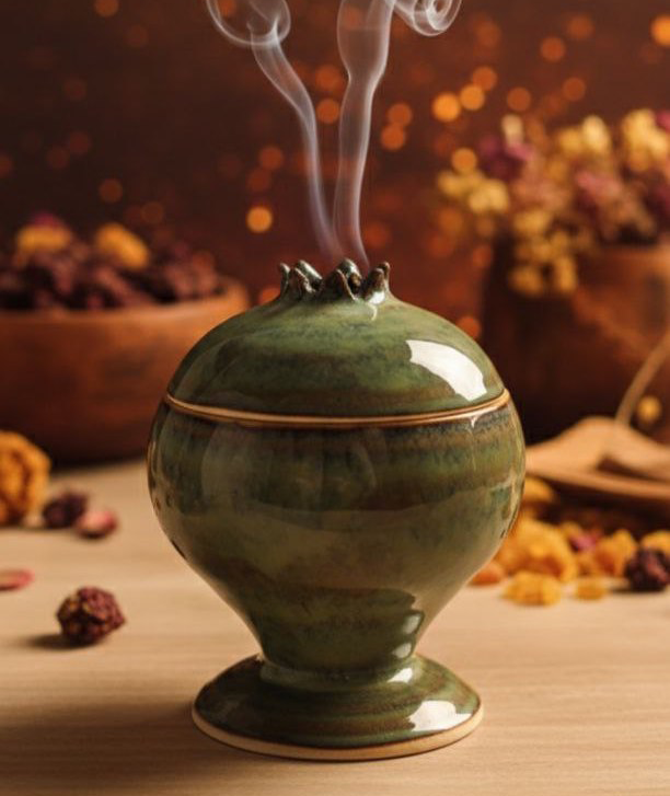 Green ceramic incense burner with smoke against a warm-toned background