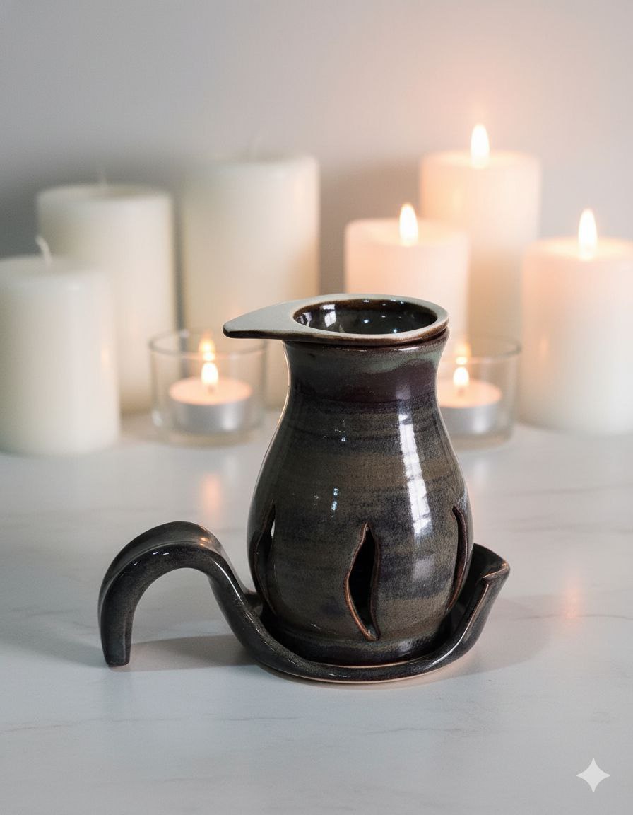 Black ceramic oil burner with a tray on a white surface with lit candles in the background