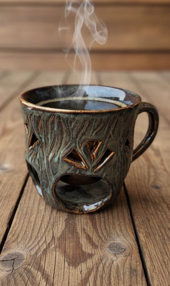 Steaming mug with decorative design on a wooden surface
