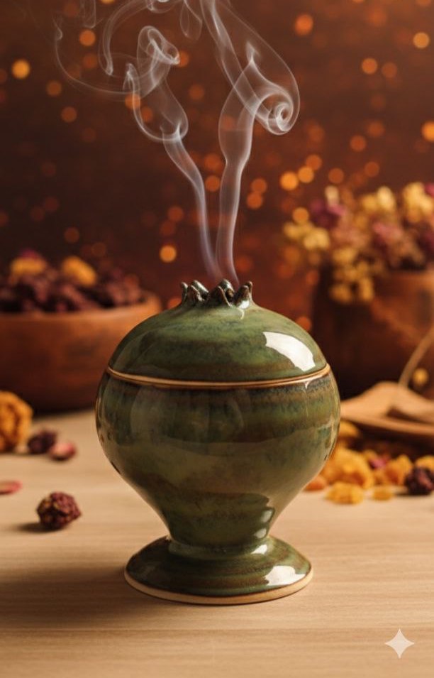 Green ceramic incense burner with smoke on a wooden surface with blurred background