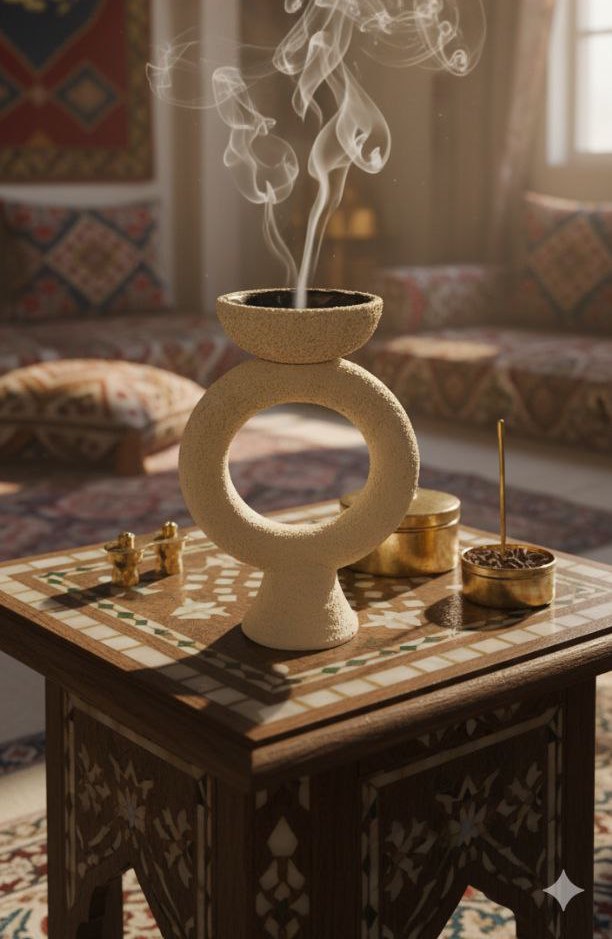 Decorative table with an incense burner and smoke in a room with patterned cushions and a rug.