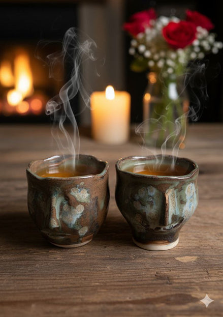 Two ceramic cups with steam, a lit candle, and flowers on a wooden surface.