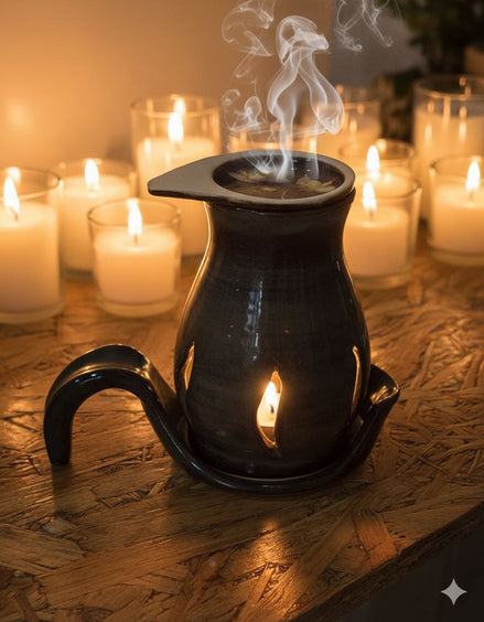 Black ceramic oil burner with smoke on a wooden surface surrounded by lit candles.